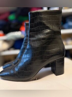 H&M Black Croc-Embossed Block Heel Ankle Boots